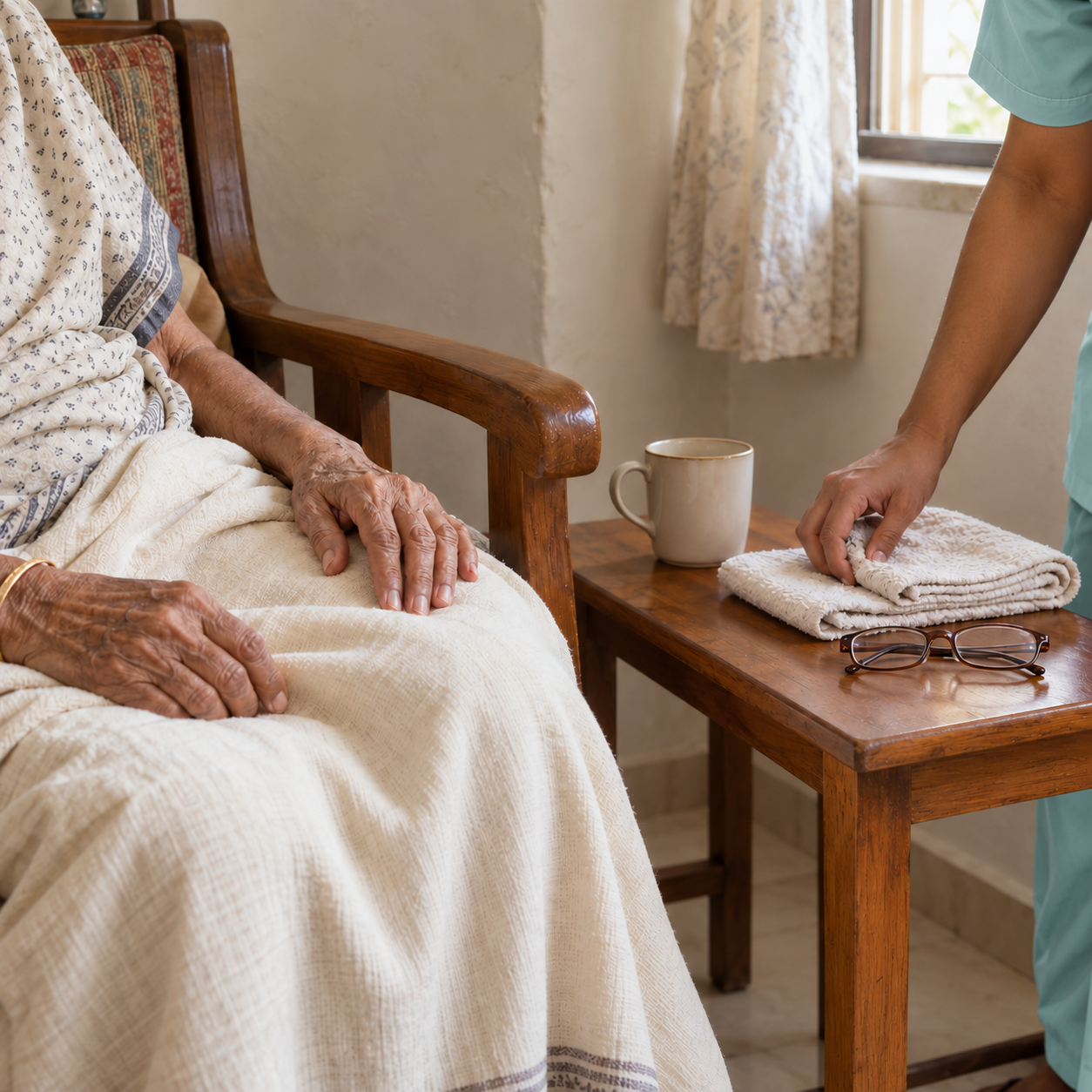 A folded towel and reading glasses beside a person receiving care at home