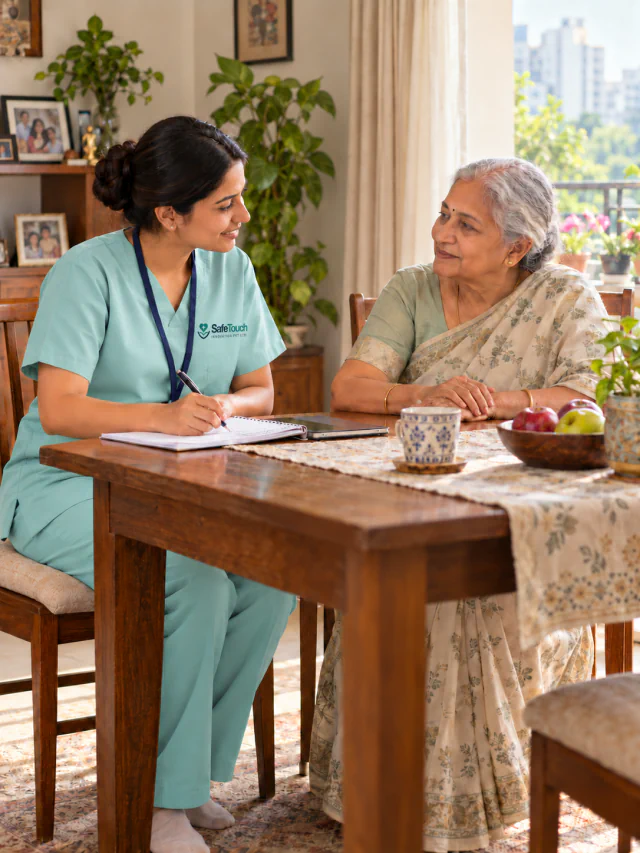 A female nurse in a pale teal SafeTouch uniform discussing care notes with an older woman at home