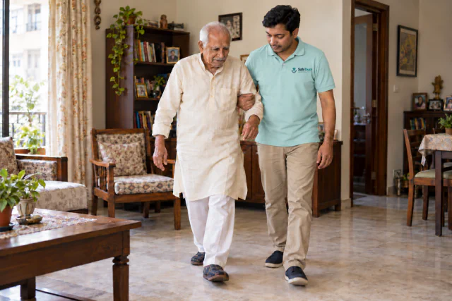 A caregiver supporting an older man on a walk