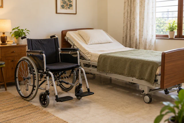 A wheelchair and adjustable bed ready for home care