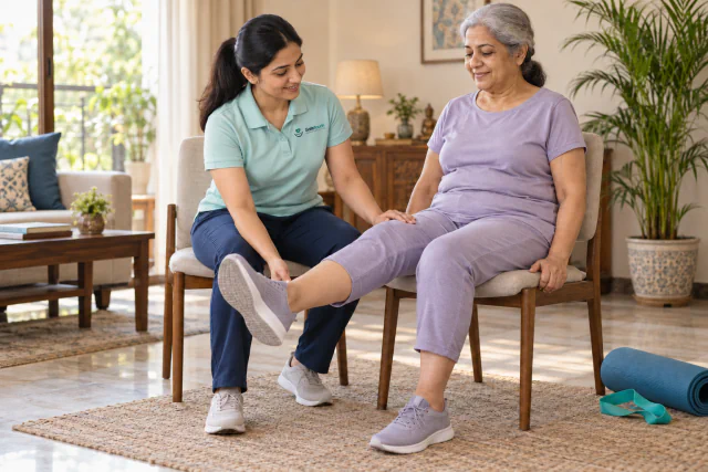 A physiotherapist supporting an older woman during a seated movement assessment at home