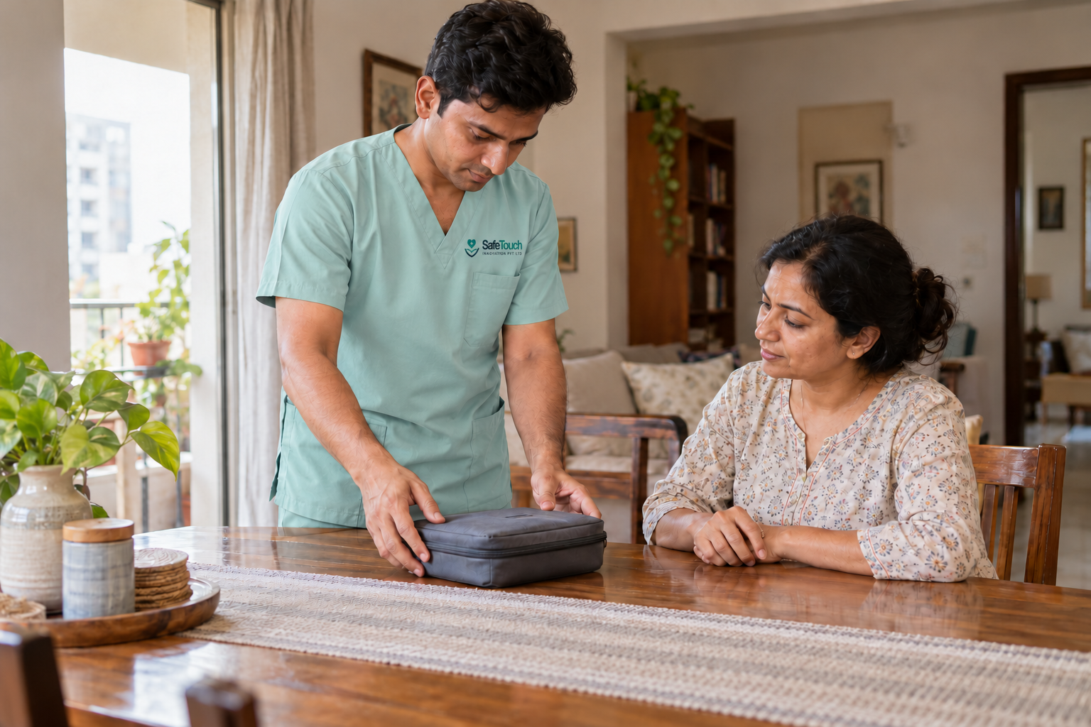 A professional in a pale teal SafeTouch uniform preparing a diagnostic sample collection kit at home