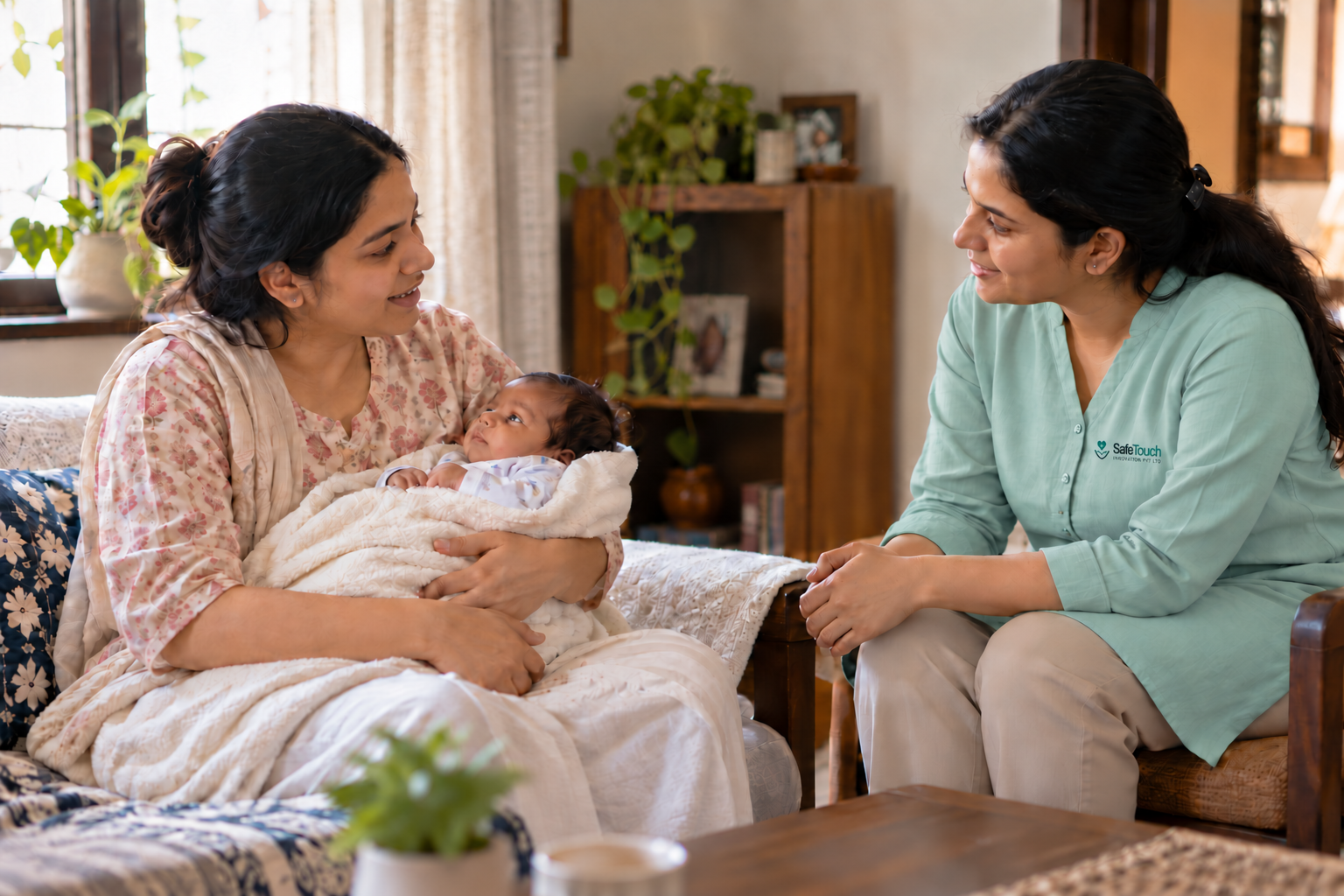 A mother holding her baby with a care professional in a pale teal SafeTouch uniform nearby