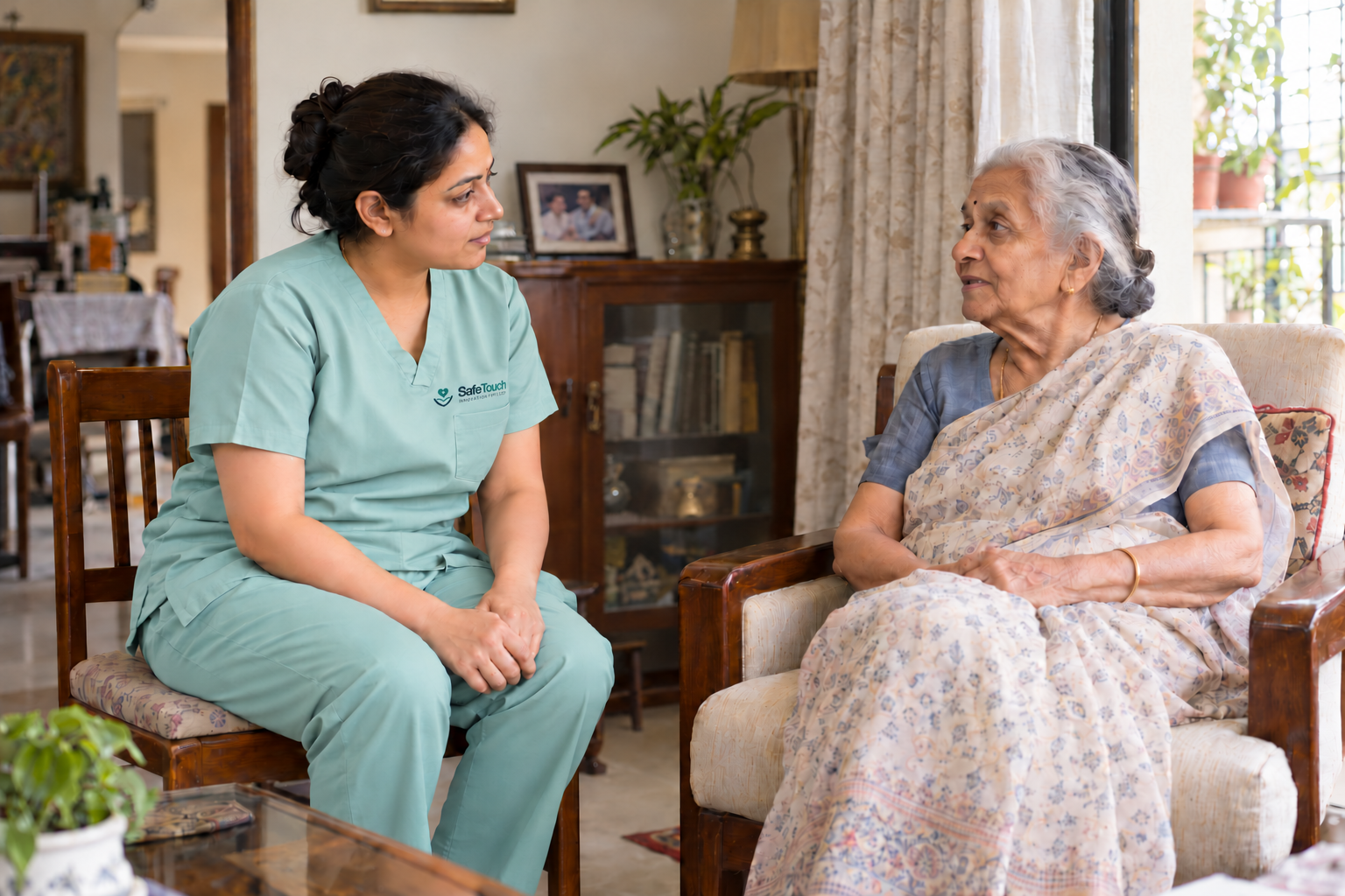 A nurse in a pale teal SafeTouch uniform speaking with an older woman at home